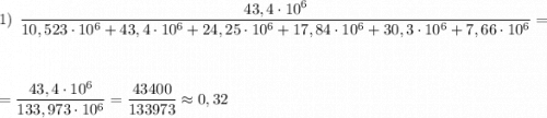 1)\ \ \dfrac{43,4\cdot 10^6}{10,523\cdot 10^6+43,4\cdot 10^6+24,25\cdot 10^6+17,84\cdot 10^6+30,3\cdot 10^6+7,66\cdot 10^6}=\\\\\\=\dfrac{43,4\cdot 10^6}{133,973\cdot 10^6}=\dfrac{43400}{133973}\approx 0,32