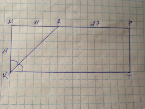 Биссектриса угла прямоугольника делит его сторону на части соответственно 11 и 27 см Найдите перимет