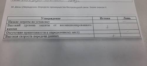 10. Даны утверждения. Определи преимущества беспроводной связи Укажи знаком V Утверждение Ни затраты