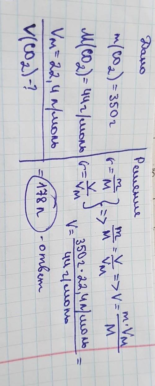 Взяли 350г газа CO2 при нормальных условиях. Определить объем газа