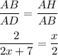 \displaystyle \frac{AB}{AD}=\frac{AH}{AB}\\\\\frac{2}{2x+7} =\frac{x}{2}