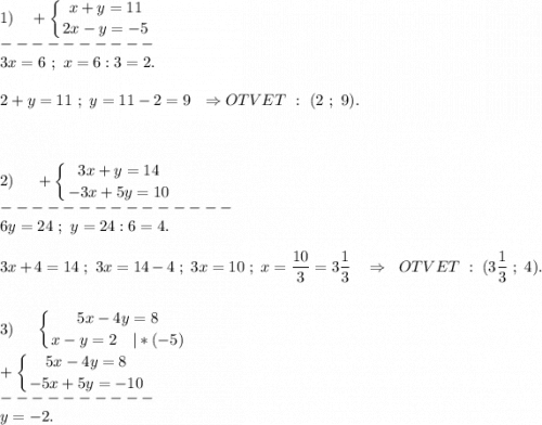 1)~~~+\displaystyle \left \{ {{x+y=11} \atop {2x-y=-5}} \right. \\----------\\3x=6~;~x=6:3=2.\\\\2+y=11~;~y=11-2=9~~\Rightarrow OTVET~:~(2~;~9).\\\\\\\\2)~~~~+\left \{ {{3x+y=14} \atop {-3x+5y=10}} \right.\\---------------\\6y=24~;~y=24:6=4.\\\\3x+4=14~;~3x=14-4~;~3x=10~;~x=\frac{10}{3} =3\frac{1}{3} ~~~\Rightarrow~~OTVET~:~(3\frac{1}{3} ~;~4).\\\\\\3)~~~~\left \{ {{5x-4y=8} \atop {x-y=2~~~|*(-5)}} \right. \\\\+\left \{ {{5x-4y=8} \atop {-5x+5y=-10}} \right. \\----------\\y=-2.\\\\