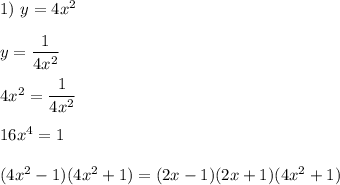 1) \ y=4x^2 \\\\ y=\dfrac{1}{4x^2 } \\\\ 4x^2=\dfrac{1}{4x^2} \\\\ 16x^4=1 \\\\ (4x^2-1)(4x^2+1) =(2x-1)(2x+1)(4x^2+1)