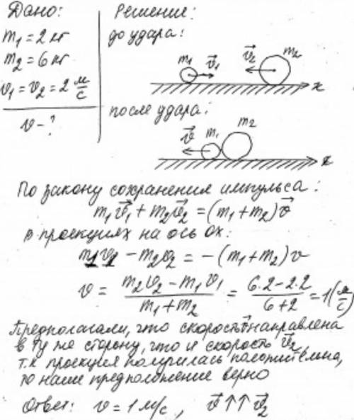 Два непружні тіла масою 2 і 6 кг рухаються на зустріч одне одному зі швидкістю 2 м/с кожне. З якою ш