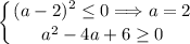 \displaystyle \left \{ {{(a - 2)^{2} \leq 0 \Longrightarrow a = 2} \atop {a^{2} - 4a +6\geq 0}} \right.