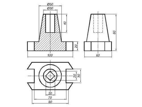 Черчение. По двум видам детали построить третий. Выполнить разрезы в изомерии с вырезом четверти