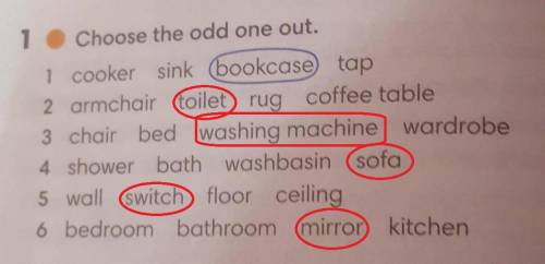 1 Choose the odd one out. 1 cooker sink bookcase tap 2 armchair toilet rug coffee table 3 chair bed