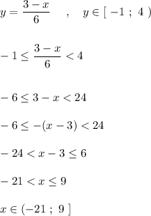 y=\dfrac{3-x}{6}\ \ \ \ ,\ \ \ y\in [\ -1\ ;\ 4\ )\\\\\\-1\leq \dfrac{3-x}{6}