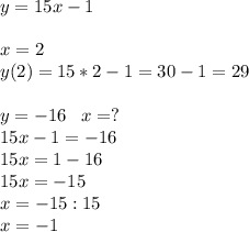 y=15x-1\\\\x=2\\y(2)=15*2-1=30-1=29\\\\y=-16\; \; \; x=?\\15x-1=-16\\15x=1-16\\15x=-15\\x=-15:15\\x=-1