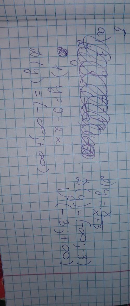 Область определения заданной формулой а) 1) y=9x-2 2) y=x/x+3 б) область значения функции y=3x+4/2 н