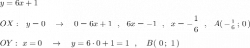 y=6x+1\\\\OX:\ \ y=0\ \ \ \to \ \ \ 0=6x+1\ \ ,\ \ 6x=-1\ \ ,\ \ x=-\dfrac{1}{6}\ \ ,\ \ A(\, -\frac{1}{6}\, ;\, 0\, )\\\\OY:\ x=0\ \ \ \to \ \ \ y=6\cdot 0+1=1\ \ ,\ \ \ B(\ 0\, ;\ 1\, )