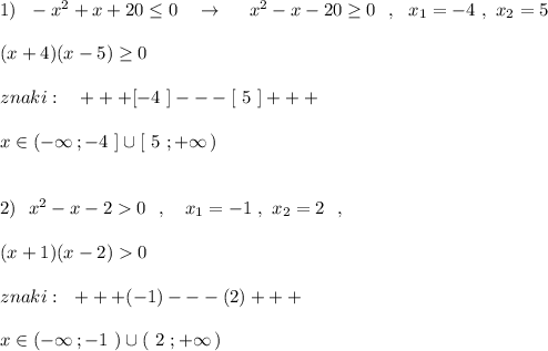 1)\ \ -x^2+x+20\leq 0\ \ \ \to \ \ \ \ x^2-x-20\geq 0\ \ ,\ \ x_1=-4\ ,\ x_2=5\\\\(x+4)(x-5)\geq 0\\\\znaki:\ \ \ +++[-4\ ]---[\ 5\ ]+++\\\\x\in (-\infty \, ;-4\ ]\cup [\ 5\ ;+\infty \, )\\\\\\2)\ \ x^2-x-20\ \ ,\ \ \ x_1=-1\ ,\ x_2=2\ \ ,\\\\(x+1)(x-2)0\\\\znaki:\ \ +++(-1)---(2)+++\\\\x\in (-\infty \, ;-1\ )\cup (\ 2\ ;+\infty \, )