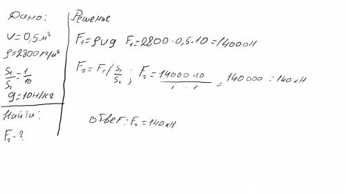 На меньший поршень гидравлического пресса положили тело объёмом 0,5 м³ и плотностью 2800 кг/м³ . Най