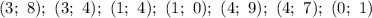 (3;\ 8);\ (3;\ 4);\ (1;\ 4);\ (1;\ 0);\ (4;\ 9);\ (4;\ 7);\ (0;\ 1)