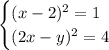 \begin{cases} (x-2)^2=1 \\ (2x-y)^2=4 \end{cases}