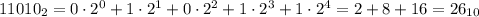 11010_2=0\cdot2^0+1\cdot2^1+0\cdot2^2+1\cdot2^3+1\cdot2^4 = 2+8+16=26_{10}