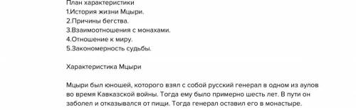 Составьте план и подготовьте характеристику Мцыри, включите в неё циататы из текста и высказываний л