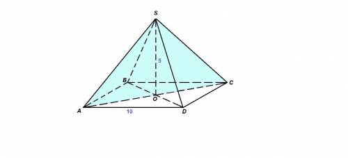 Сторона основания правильной четырёхугольной пирамиды равна 10, а высота 5. Найдите площадь осевого