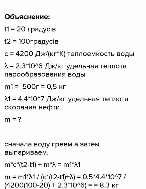 Яку масу води при температурі 20⁰С можна повністю випарувати спаливши 500 г нафти?