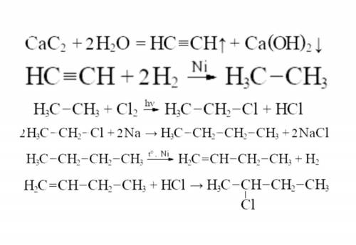 Напишіть рівняння реакцій за до яких можна здійснити перетворення: СаС2 → С2Н2 → С2Н6 → С2Н5Cl → С4Н