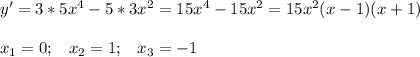 y'=3*5x^4-5*3x^2=15x^4-15x^2=15x^2(x-1)(x+1)\\\\x_1=0;\;\;\;x_2=1;\;\;\;x_3=-1