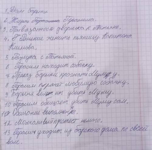 Составте план к сказке муму со слов до самого вечера барыня была не в духе. до слов Герасим лежал