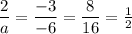 \dfrac{2}{a}=\dfrac{-3}{-6}=\dfrac{8}{16}=\tfrac 12