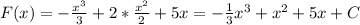 F(x)=-\frac{x^3}{3}+2*\frac{x^2}{2}+5x=-\frac{1}{3}x^3+x^2+5x+C