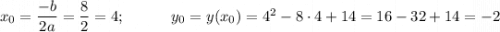 x_0=\dfrac{-b}{2a}=\dfrac82=4;\qquad \quad y_0=y(x_0)=4^2-8\cdot4+14=16-32+14=-2