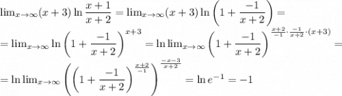 \lim_{x \to \infty} (x+3)\ln{\dfrac{x+1}{x+2}}= \lim_{x \to \infty} (x+3)\ln{\left(1+\dfrac{-1}{x+2}\right)}=\\= \lim_{x \to \infty}\ln{\left(1+\dfrac{-1}{x+2}\right)^{x+3}}=\ln{ \lim_{x \to \infty} \left(1+\dfrac{-1}{x+2}\right)^{\frac{x+2}{-1}\cdot\frac{-1}{x+2}\cdot(x+3)} }=\\=\ln{ \lim_{x \to \infty} \left(\left(1+\dfrac{-1}{x+2}\right)^{\frac{x+2}{-1}\right)^{\frac{-x-3}{x+2} }=\ln{e^{-1}}=-1