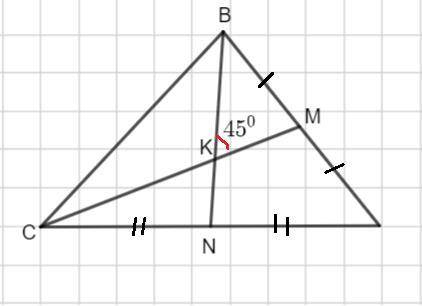 Найдите площадь треугольников, если известно, что его медианы CM и BN равны 6 и 4,5 соответственно,