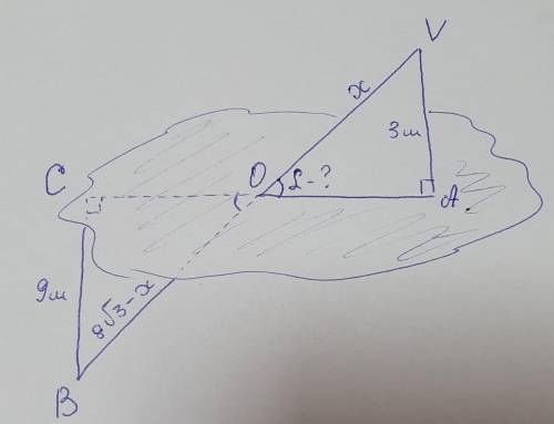Длина отрезка VB равна 8√3 м. Он пересекает плоскость в точке O. Расстояние от концов отрезка до пло