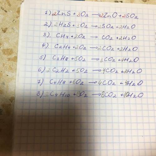 Уравнять реакции: А) ZnS + O2 → Б) H2S + O2 → В) СН4 + O2 → Г) С2Н4 + O2 → Д) С3Н8 + O2 → Е) С2Н2 +