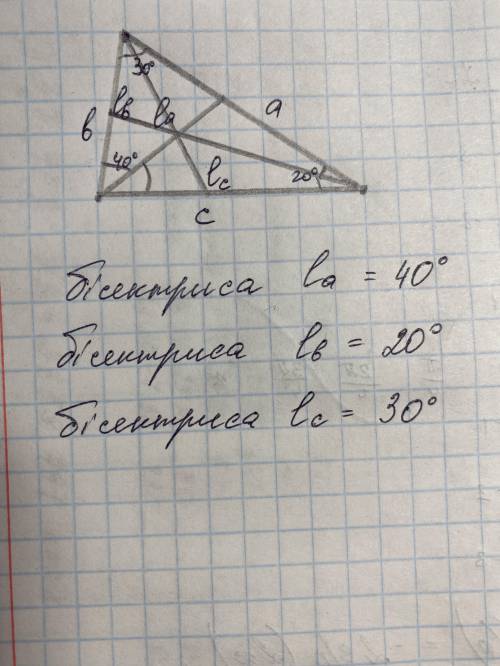 Накресліть гострокутний трикутник. За до транспортира проведіть бісектриси цього трикутника.