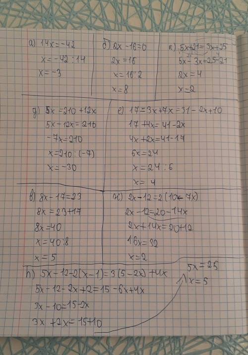 Решите уравнение: а) 14x = -42 б) 2х - 16 = 0 к) 5x + 21 = 3x + 25 д) 5х = 210 + 12хе) 17 - 3x + 7x