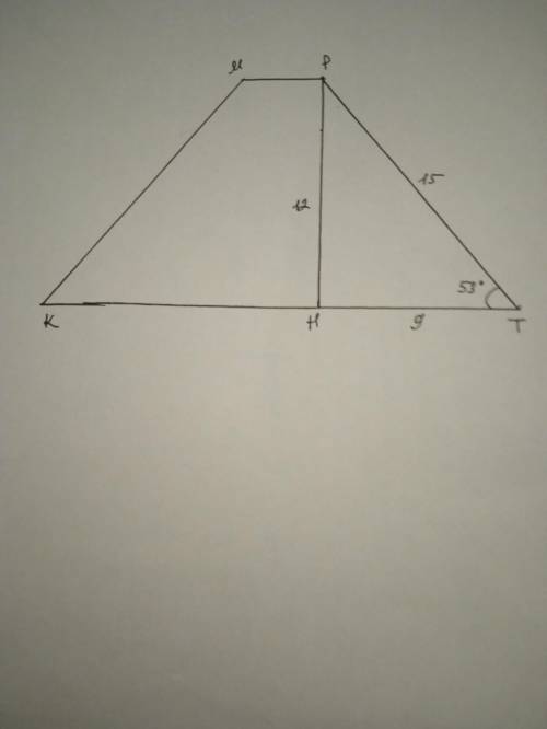 В равнобокой трапеции боковая сторона равна 15 см высота 12 см найдите острый угол трапеции