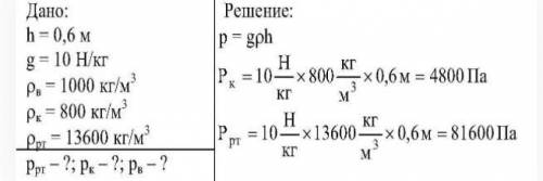 Определите давление на глубине 0,6м в воде , керосине , ртути