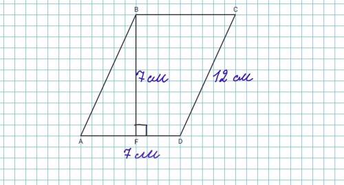 Дано: CD= 12 см; AD= 7 см; BF=7 см. Найти: S(ABCD). ответ: площадь параллелограмма ABCD равна см2.