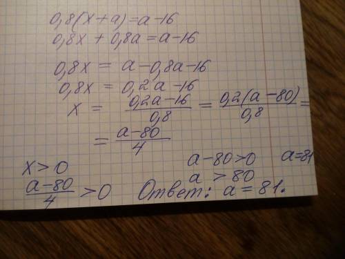 Определи,при каком наименьшем натуральном значении параметра a уравнение 0,8(x+a)=a-16 имеет положит