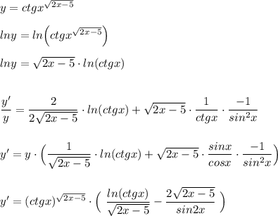 y=ctgx^{\sqrt{2x-5}}\\\\lny=ln\Big(ctgx^{\sqrt{2x-5}}\Big)\\\\lny=\sqrt{2x-5}\cdot ln(ctgx)\\\\\\\dfrac{y'}{y}=\dfrac{2}{2\sqrt{2x-5}}\cdot ln(ctgx)+\sqrt{2x-5}\cdot \dfrac{1}{ctgx}\cdot \dfrac{-1}{sin^2x}\\\\\\y'=y\cdot \Big(\dfrac{1}{\sqrt{2x-5}}\cdot ln(ctgx)+\sqrt{2x-5}\cdot \dfrac{sinx}{cosx}\cdot \dfrac{-1}{sin^2x}\Big)\\\\\\y'=(ctgx)^{\sqrt{2x-5}}\cdot \Big(\ \dfrac{ln(ctgx)}{\sqrt{2x-5}}-\dfrac{2\sqrt{2x-5}}{sin2x}\ \Big)