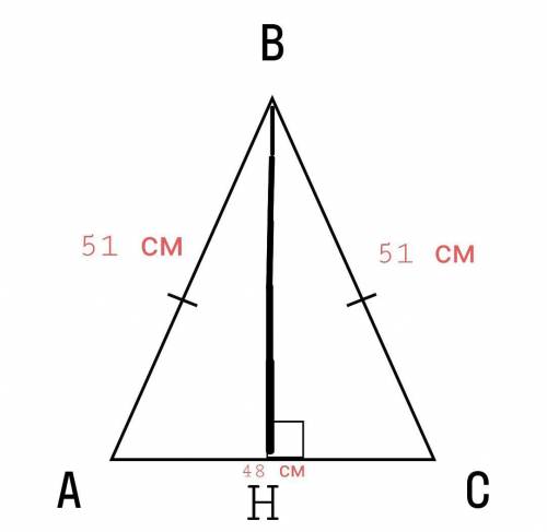 в равнобедренном треугольнике боковая сторона 51 см, а основные 48 см, определите высоту треугольник