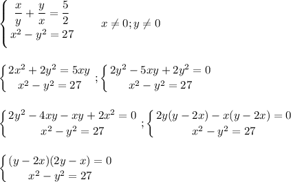 \displaystyle\\\left \{ {{\dfrac{x}{y} +\dfrac{y}{x}=\dfrac{5}{2} } \atop {x^2-y^2=27}} \right. ~~~~~~x\neq 0;y\neq 0\\\\\\\left \{ {{2x^2+2y^2=5xy} \atop {x^2-y^2=27}} \right. ;\left \{ {{2y^2-5xy+2y^2=0} \atop {x^2-y^2=27}} \right. \\\\\\\left \{ {{2y^2-4xy-xy+2x^2=0} \atop {x^2-y^2=27}} \right. ;\left \{ {{2y(y-2x)-x(y-2x)=0} \atop {x^2-y^2=27}} \right. \\\\\\\left \{ {{(y-2x)(2y-x)=0} \atop {x^2-y^2=27}} \right.