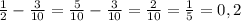 \frac{1}{2} - \frac{3}{10} = \frac{5}{10} - \frac{3}{10} = \frac{2}{10} = \frac{1}{5} = 0,2