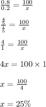 \frac{0.8}{0.2} = \frac{100}{x} \\ \\ \frac{ \frac{4}{5} }{ \frac{1}{5} } = \frac{100}{x} \\ \\ \frac{4}{1} = \frac{100}{x} \\ \\ 4x = 100 \times 1 \\ \\ x = \frac{100}{4} \\ \\ x = 25\%