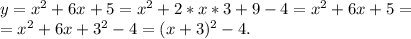 y=x^2+6x+5=x^2+2*x*3+9-4=x^2+6x+5=\\=x^2+6x+3^2-4=(x+3)^2-4.\\