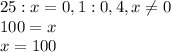 \displaystyle 25:x=0,1:0,4,x\neq 0\\100=x\\x=100