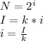 N = 2^i\\I = k * i\\i = \frac{I}{k}