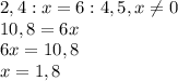 \displaystyle 2,4:x=6:4,5,x\neq 0\\10,8=6x\\6x=10,8\\x=1,8