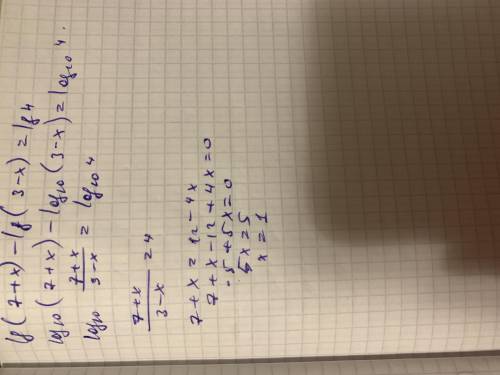 Найдите корень управления Ig(7+x)-Ig(3-x)=Ig 4