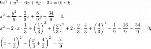 9x^{2} +y^{2} -6x+8y-34=0|:9 ;\\\\x^{2} +\dfrac{y^{2} }{9} -\dfrac{2}{3} x+\dfrac{8}{9} y-\dfrac{34}{9} =0;\\x^{2}-2\cdot x\cdot \dfrac{1}{3} +\left(\dfrac{1}{3}\right )^{2} +\left(\dfrac{y}{3}\right )^{2} +2\cdot \dfrac{y}{3} \cdot\dfrac{4}{3} +\left(\dfrac{4}{3} \right)^{2} -\dfrac{1}{9} -\dfrac{16}{9} -\dfrac{34}{9}=0 ;\\\\\left(x- \dfrac{1}{3}\right)^{2} +\left(\dfrac{y}{3} +\dfrac{4}{3}\right )^{2} =\dfrac{51}{9}